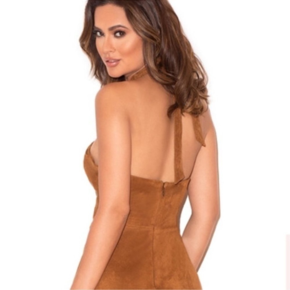 House of CB Camel Suedette Palmira Bustier Bodycon Halter Dress Sz M Mini - Picture 2 of 13